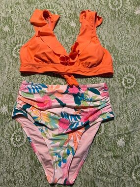 Orange Ruffle Bikini Top with Tropical Floral High-Waist Bottoms